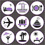 Set of black and violet travelling and accommodation icons on grey background
