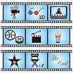 Set of nine movie icons in blue film stripes