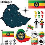 Vector of Ethiopia set with detailed country shape with region borders, flags and icons