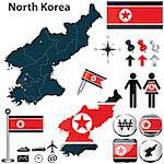 Vector of North Korea set with detailed country shape with region borders, flags and icons