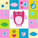 owl and baby themed elements in stitched textile style