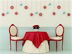 Christmas composition with bright red chairs, a table covered with a red cloth and Christmas decorations