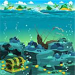 Seascape with treasure and galleon. Vector cartoon illustration