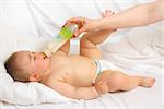 Feeding procedure from milk bottle of a little baby boy