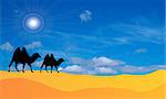 Vector desert landscape with two silhouettes of camels. On background is blue sky with sun and clouds, sand. Sahara.