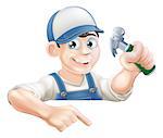 A cartoon carpenter or construction guy with a hammer peeking over a sign or banner and pointing at it