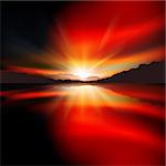 abstract red background with sunrise and mountains