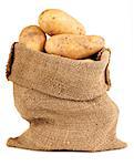 Ripe potato in burlap sack isolated on white background