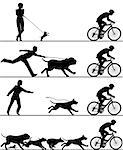 Four editable vector silhouettes of dogs reacting to a passing cyclist with all elements as separate objects