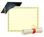 Certificate with copy-space and scroll diploma and mortar board graduation cap