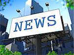 World News Concept. "News" Billboard on the Background of a Modern Business Center. Business Concept for Your Blog or Publication.