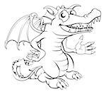 Black and white illustration of a happy cartoon dragon