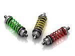 Three car shock absorber with green, red and yellow spring