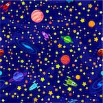 Seamless pattern with planets, stars on blue background