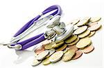 Solution to financial crisis concept. Stethoscope on Euro coins.
