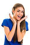 Portrait of a gorgeous young surprised cheerful woman in blue T-shirt over white background.