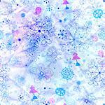 watercolor blue background with snowflakes and birds