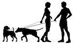 Editable vector silhouettes of a man and woman and their pet dogs interacting