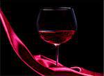 Glass of wine on red silk with dark background