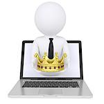 3d white man out of the computer holds a golden crown. Isolated render on a white background