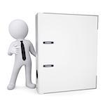 3d white man points a finger at the office folder. Isolated render on a white background
