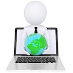 3d white man from the computer holding the Earth. Isolated render on a white background