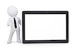 3d white man points a finger at a tablet PC. Isolated render on a white background