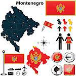 Vector of Montenegro set with detailed country shape with region borders, flags and icons