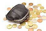 Black leather purse and several euro coins on white background