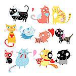 Different colored funny cats on a white background