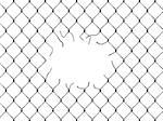 Hole in fence from silver mesh isolated on white background