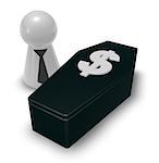 play figure with tie and casket with dollar symbol on white background - 3d illustration