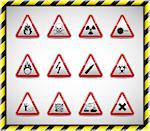 Isolated vector Danger sign collection with reflection and shadow on white background