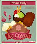 Ice Cream Dessert Vintage Menu Card in Retro Style. Vector illustration