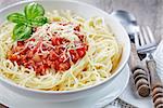 Spaghetti bolognese with minced meat and tomato sauce