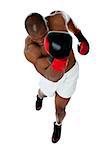 A black african american man athletic boxer with boxing gloves punching in upwards direction