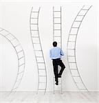 Career choices and opportunities concept - businessman climbing the right ladder