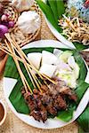 Satay or sate, skewered and grilled meat, served with peanut sauce, cucumber and ketupat. Traditional Malaysian food. Delicious hot and spicy Malay dish, Asian cuisine.