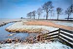 wooden fence and frozen canals in Dutch farmland