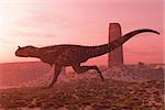 A bull Carnotaurus runs after his prey in the early morning light in a desert terrain.