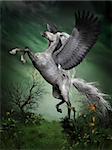 A dapple grey pegasus takes to flight from a forest knoll with huge wing beats.