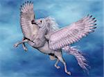A white Pegasus flies on beautiful white wings through the heavens.