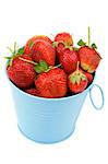 Ripe Strawberries in Blue Tin Bucket isolated on white background