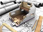 3D structure of the floors of the house on the background blueprints