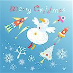 bright greeting card with a funny snowman and missiles on a blue background with snowflakes