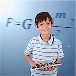 Male pupil with tablet pc on background with maths formula