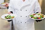 Chef presenting two salads in a kitchen