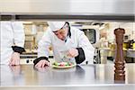 Chef garnisning his salad in kitchen