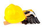 Protective gloves with hammer and yellow hard hat