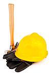Yellow hard hat protective gloves and hammer